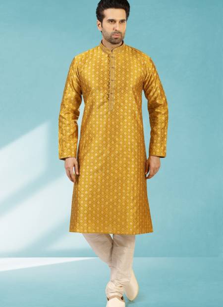 Yellow Colour Outluk New Design Jacquard Silk Brocade Party Wear Kurta Pajama Mens Collection 1224-1037